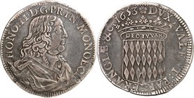 MONACO
Honoré II (1604-1662). Écu 1653.
Av. Buste drapé et cuirassé à droite. Rv. Écu couronné aux armes des Grimaldi.
CC 34, G. MC30. 26,92 g.
Va...