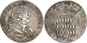MONACO
Honoré II (1604-1662). Écu 1653.
Av. Buste drapé et cuirassé à droite. Rv. Écu couronné aux armes des Grimaldi.
CC 34, G. MC30. 24,35 g.
Va...