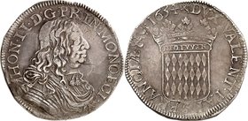 MONACO
Honoré II (1604-1662). Ecu 1654.
Av. Buste drapé et cuirassé à droite. Rv. Écu couronné aux armes des Grimaldi.
CC. 49, G. MC34. 26,90 g.
P...