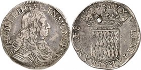 MONACO
Honoré II (1604-1662). Ecu 1654.
Av. Buste drapé et cuirassé à droite. Rv. Écu couronné aux armes des Grimaldi.
CC. 49, G. MC34. 26,84 g.
L...
