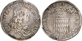MONACO
Honoré II (1604-1662). Ecu 1655.
Av. Buste drapé et cuirassé à droite. Rv. Écu couronné aux armes des Grimaldi.
G. MC34. 26,78 g.
Presque T...