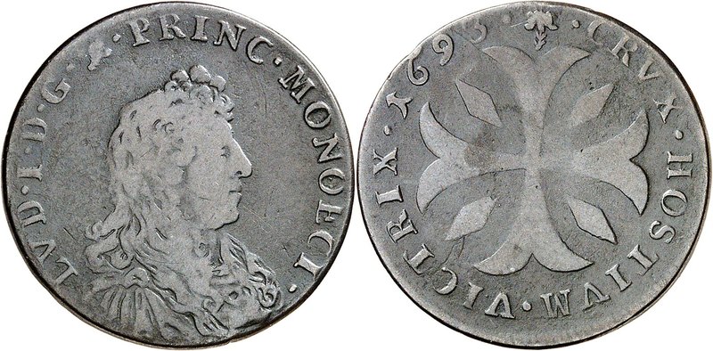 MONACO
Louis Ier (1662-1701). Pezzetta 1693.
Av. Buste âgé, drapé à droite. Rv...
