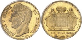 MONACO
Honoré V (1819-1841). 40 francs 1838 M, essai en bronze-doré.
Av. Tête à gauche. Rv. Écu couronné aux armes des Grimaldi.
G. MC119.
Plus ha...