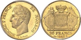 MONACO
Honoré V (1819-1841). 20 francs 1838 M, essai en bronze-doré.
Av. Tête à gauche. Rv. Écu couronné aux armes des Grimaldi.
G. MC118.
Seul ex...