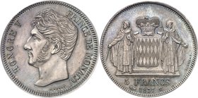MONACO
Honoré V (1819-1841). 5 francs 1837, essai en argent à la tête à gauche.
Av. Tête à gauche. Rv. Écu couronné aux armes des Grimaldi.
G. MC11...