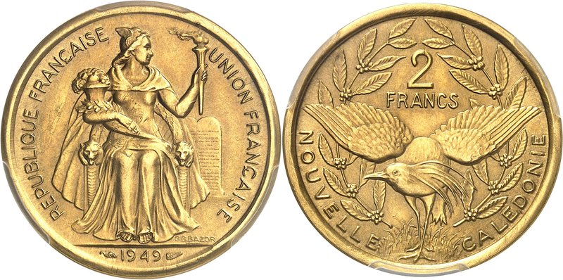 NOUVELLE CALÉDONIE
Union Française. 2 francs 1949, épreuve en or.
Av. La Répub...
