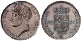 PAYS-BAS
Louis-Napoléon (1806-1810). 20 gulden 1808, essai en bronze, tranche inscrite en creux.
Av. Tête nue à gauche. Rv. Écu couronné.
Km. Pn 13...