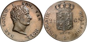 PAYS-BAS
Louis-Napoléon (1806-1810). 2 1/2 gulden 1807, essai en bronze, tranche striée.
Av. Tête nue à droite Rv. Écu couronné.
De Mey manque, VG....