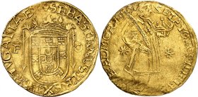 PORTUGAL
Sebastiao Ier (1557-1578). Sao Vincente, Porto.
Av. Écu couronné. Rv. Saint Vincent debout à droite.
Fr. 37. 7,57 g.
Petit défaut de méta...