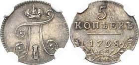RUSSIE
Paul Ier (1796-1801). 5 kopecks 1798 CM, MB Saint-Pétersbourg.
Av. Monogramme. Rv. Valeur et date.
Km. 96.1A.
NGC MS 63+. Rare dans cette q...