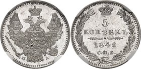 RUSSIE
Nicolas Ier (1825-1855). 5 kopecks 1849 CNB, HI Saint-Pétersbourg.
Av. Aigle impérial couronné. Rv. Valeur dans une couronne.
Km. C163.
NGC...