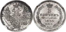 RUSSIE
Nicolas Ier (1825-1855). 5 kopecks 1854 CNB, HI Saint-Pétersbourg.
Av. Aigle impérial couronné. Rv. Valeur dans une couronne.
Km. C163.
NGC...