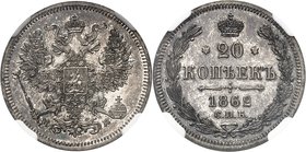 RUSSIE
Alexandre II (1855-1881). 20 kopecks 1862 CNB MN, Saint-Pétersbourg.
Av. Aigle impérial couronné. Rv. Valeur dans une couronne.
Km. C22.2 v....