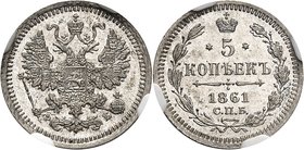 RUSSIE
Alexandre II (1855-1881). 5 kopecks 1861 CNB, OB Saint-Pétersbourg.
Av. Aigle impérial couronné. Rv. Valeur dans une couronne.
Km. Y.19.2.
...