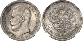 RUSSIE
Nicolas II (1894-1917). 50 kopecks 1896 AT, Saint-Pétersbourg.
Av. Tête à gauche. Rv. aigle impérial bicéphale couronné.
Km. Y.58.2.
Top Po...