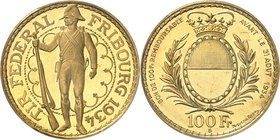 SUISSE
Fribourg. 100 francs 1934, Berne.
Av. Soldat debout. Rv. Valeur sous un écu.
Fr. 505.
PCGS MS 64+. Presque Fleur de coin