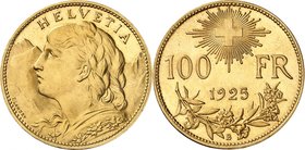 SUISSE
Confédération Helvétique (1848 à nos jours). 100 francs 1925, Berne.
Av. Buste à gauche. Rv. Valeur sous la croix fédérale.
Fr. 502. 32,21 g...
