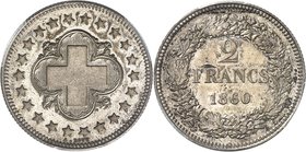 SUISSE
Confédération Helvétique (1848 à nos jours). 2 francs 1860 B, Berne, essai en argent.
Av. Croix dans un quadrilobe. Rv. Valeur au dessus de l...