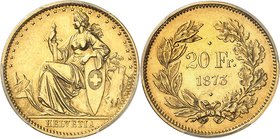 SUISSE
Confédération Helvétique (1848 à nos jours). 20 francs 1873, essai en or, variété aux 2 points de part et d’autre de la date et la valeur.
Av...
