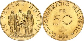 SUISSE
Confédération Helvétique (1848 à nos jours). 50 francs 1959 B, Berne.
Av. Les trois confédérés debouts les mains posées sur un autel. Rv. Val...