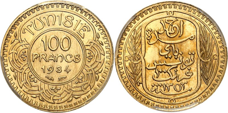 TUNISIE
Ahmed Bey (1348-1361 AH / 1929-1942). 100 francs 1353 AH (1934)
Av. Va...