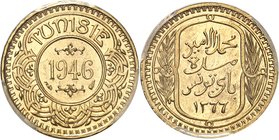TUNISIE
Mohamed Lamine Bey (1362-1376 AH / 1943-1957). 100 francs 1366 AH (1946)
Av. Valeur et date dans un rond, Tunisie au dessus. Rv. Inscription...