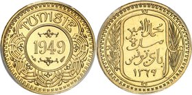 TUNISIE
Mohamed Lamine Bey (1362-1376 AH / 1943-1957). 100 francs 1369 AH (1949)
Av. Valeur et date dans un rond, Tunisie au dessus. Rv. Inscription...