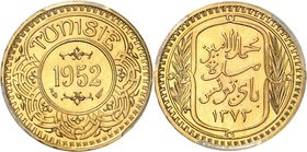 TUNISIE
Mohamed Lamine Bey (1362-1376 AH / 1943-1957). 100 francs 1372 AH (1952)
Av. Valeur et date dans un rond, Tunisie au dessus. Rv. Inscription...