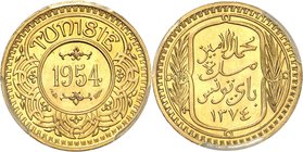 TUNISIE
Mohamed Lamine Bey (1362-1376 AH / 1943-1957). 100 francs 1374 AH (1954)
Av. Valeur et date dans un rond, Tunisie au dessus. Rv. Inscription...