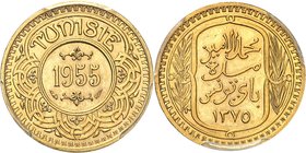 TUNISIE
Mohamed Lamine Bey (1362-1376 AH / 1943-1957). 100 francs 1375 AH (1955)
Av. Valeur et date dans un rond, Tunisie au dessus. Rv. Inscription...