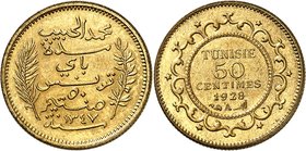 TUNISIE
Ahmed Bey (1348-1361 AH / 1929-1942). 50 centimes 1928, essai en laiton.
Av. Inscription entre deux branches. Rv. Valeur dans une couronne....