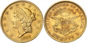 USA
20 dollars Liberty 1852, Philadelphie
Av. Tête de Liberté à gauche. Rv. Aigle aux ailes déployées.
Fr. 169.
PCGS AU 50.