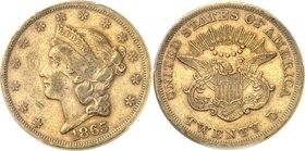 USA
20 dollars Liberty 1865, Philadelphie
Av. Tête de Liberté à gauche. Rv. Aigle aux ailes déployées.
Fr. 169.
PCGS XF 45. Peu commun
