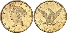 USA
10 dollars Liberty 1859, Philadelphie
Av. Tête de Liberté à gauche. Rv. Aigle aux ailes déployées.
Fr. 157.
PCGS MS 61. Millésime et atelier e...