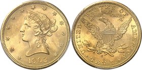 USA
10 dollars Liberty 1902, San Francisco
Av. Tête de Liberté à gauche. Rv. Aigle aux ailes déployées.
Fr. 160.
PCGS MS 65. Rare dans cette quali...