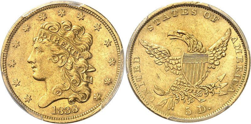 USA
5 dollars Classic head, 1836, Philadelphie
Av. Tête de Liberté à gauche. R...