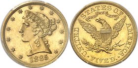 USA
5 dollars Liberté, 1885, Philadelphie, frappe sur flan bruni
Av. Tête de Liberté à gauche. Rv. Aigle aux ailes déployées.
Fr. 148.
PCGS PR 61....