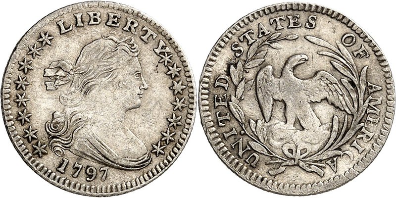 USA
Dime 1797 « Draped », 15 étoiles
Av. Buste à droite entouré de quinze étoi...