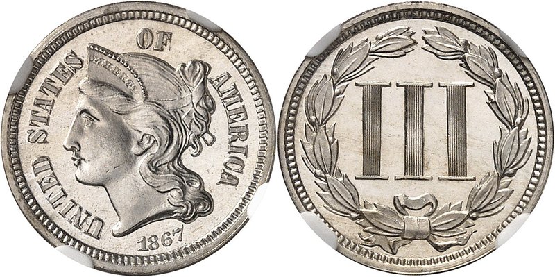 USA
3 cent 1867, Philadelphie, frappe sur flan bruni
Av. Tête de Liberté à gau...