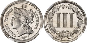 USA
3 cent 1867, Philadelphie, frappe sur flan bruni
Av. Tête de Liberté à gauche. Rv. Valeur dans une couronne.
Km. 95.
NGC PR 65. Flan bruni, Fl...