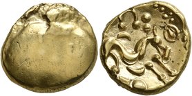 CELTIC, Northeast Gaul. Ambiani. Circa 60-30 BC. Stater (Gold, 17 mm, 6.29 g). Blank convex surface. Rev. Celticized horse galloping to right, horsema...
