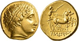 CELTIC, Central Europe. Helvetii (?). Late 4th to early 3rd century BC. Stater (Gold, 18 mm, 8.50 g, 11 h), 'type de Soy au canthare', imitating Phili...