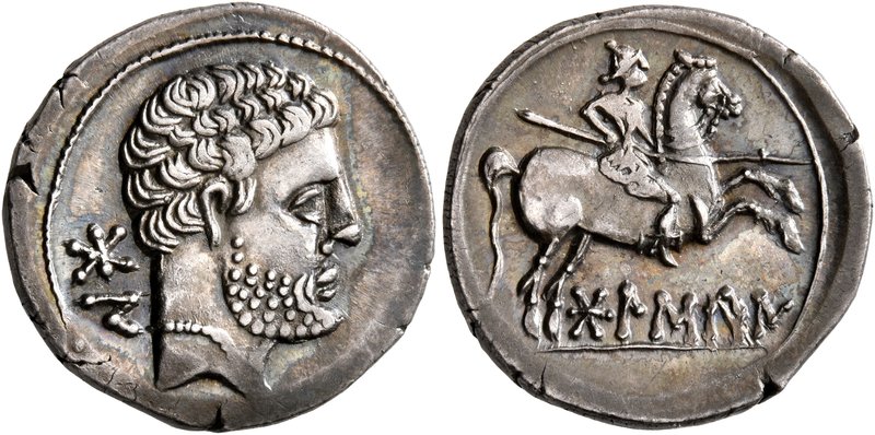 SPAIN. Bolskan. Circa 150-100 BC. Denarius (Silver, 19 mm, 4.28 g, 1 h). Bearded...