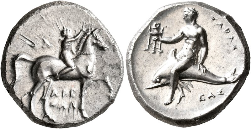 CALABRIA. Tarentum. Circa 302-280 BC. Didrachm or Nomos (Silver, 22 mm, 7.93 g, ...