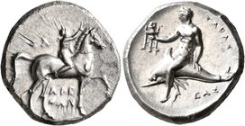 CALABRIA. Tarentum. Circa 302-280 BC. Didrachm or Nomos (Silver, 22 mm, 7.93 g, 7 h), Sa..., Arethon and Cas..., magistrates. ΣA - APE/ΘΩN Nude youth ...
