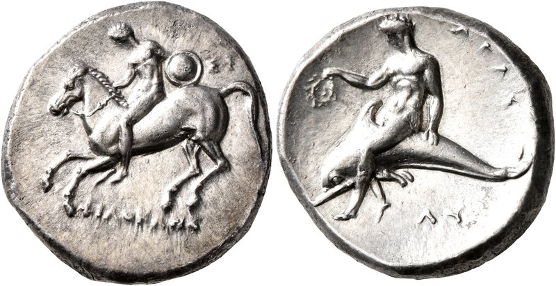CALABRIA. Tarentum. Circa 302-280 BC. Didrachm or Nomos (Silver, 22 mm, 7.82 g, ...