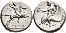 CALABRIA. Tarentum. Circa 240-228 BC. Didrachm or Nomos (Silver, 20 mm, 6.54 g, 6 h), Olympis, magistrate. OΛYMΠIΣ Warrior on horseback to right, bran...