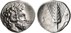 LUCANIA. Metapontion. Circa 325-275 BC. Diobol (Silver, 12 mm, 0.87 g, 1 h). Laureate head of Zeus Ammon to right, with ram’s horn over his ear. Rev. ...