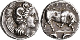 LUCANIA. Thourioi. Circa 350-300 BC. Didrachm or Nomos (Silver, 19 mm, 6.38 g, 12 h). Head of Athena to right, wearing crested Attic helmet adorned, o...