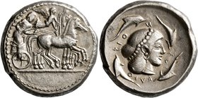 SICILY. Syracuse. Deinomenid Tyranny, 485-466 BC. Tetradrachm (Silver, 25 mm, 17.06 g, 8 h), circa 475-470. Charioteer driving quadriga walking to rig...